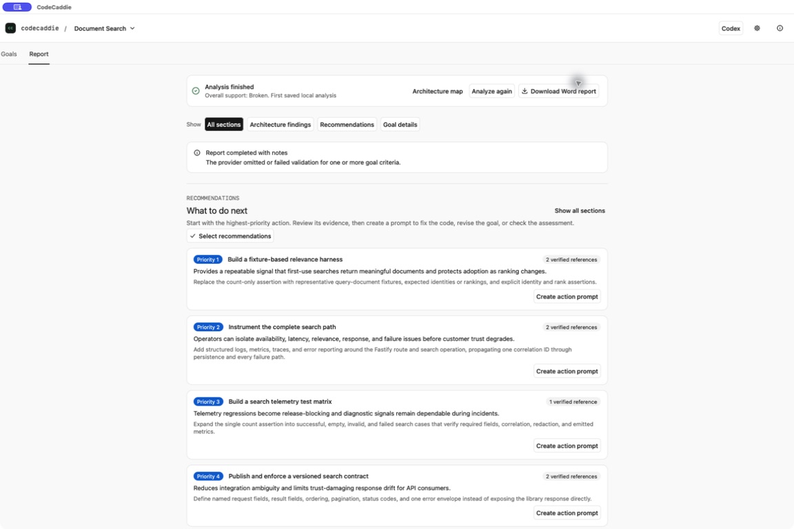 CodeCaddie recommendations with verified references and a warning that some goal criteria were omitted or failed validation.